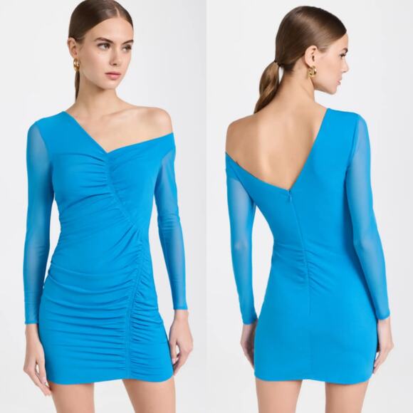 Self-Portrait Blue One Shoulder Ruched Mini Dress Long Sleeve Size 4 Preowned - Picture 1 of 10